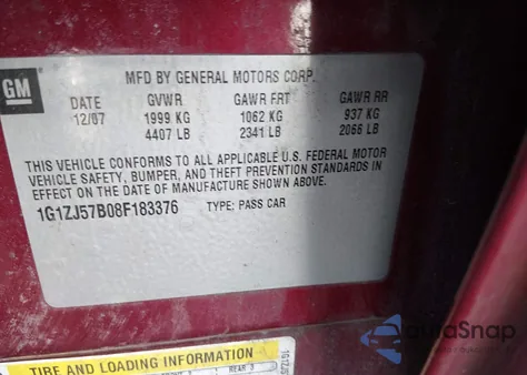 2008 Chevrolet Malibu Lt из США, поврежденный, VIN 1G1ZJ57B08F183376